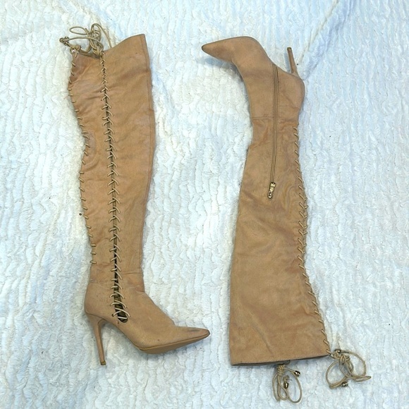 Cape Robbin lace up thigh high cream pointed toe boots women’s size 7 3” heel - Picture 1 of 10